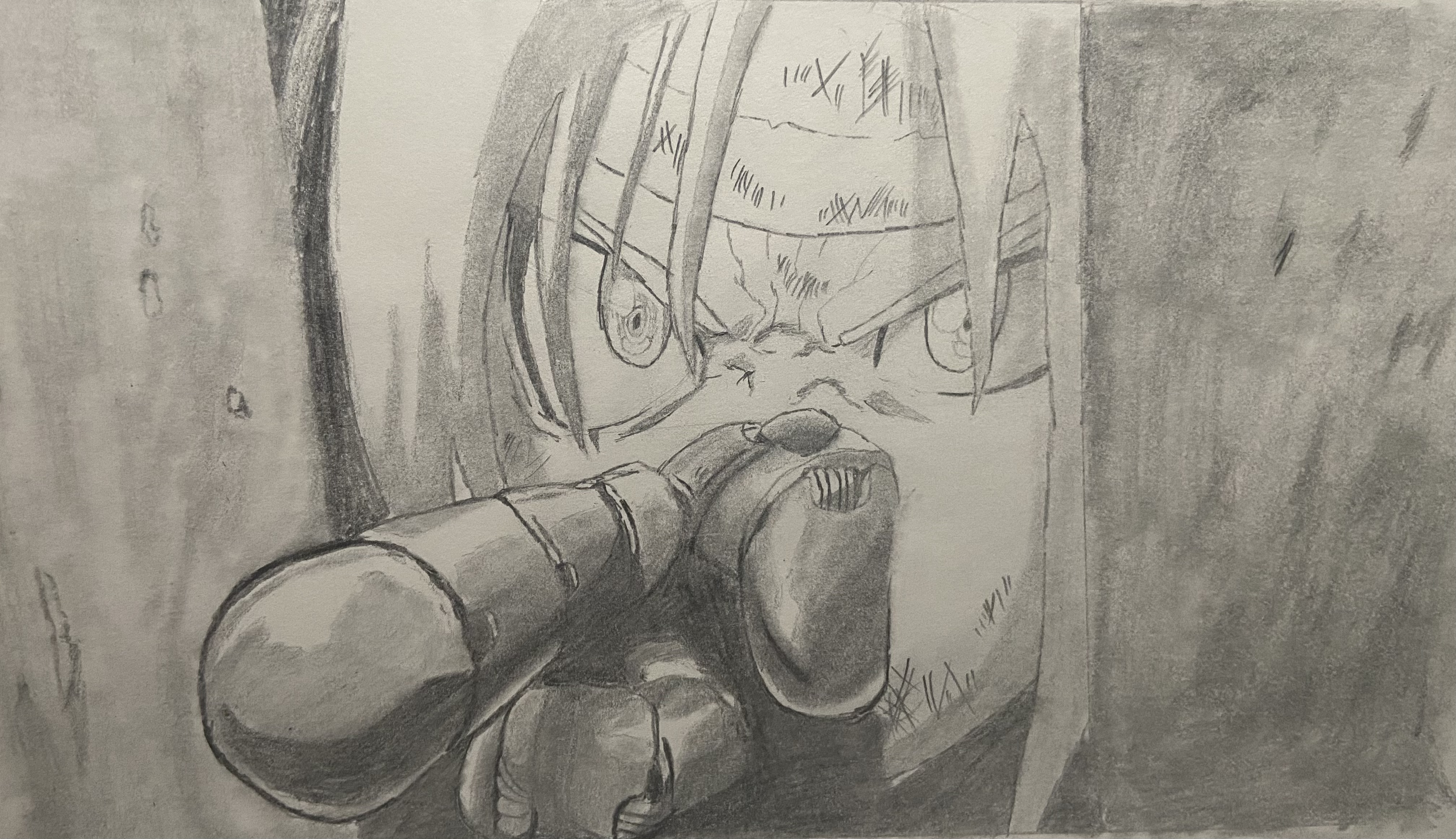 Anime character with mask and mechanical arm sketch