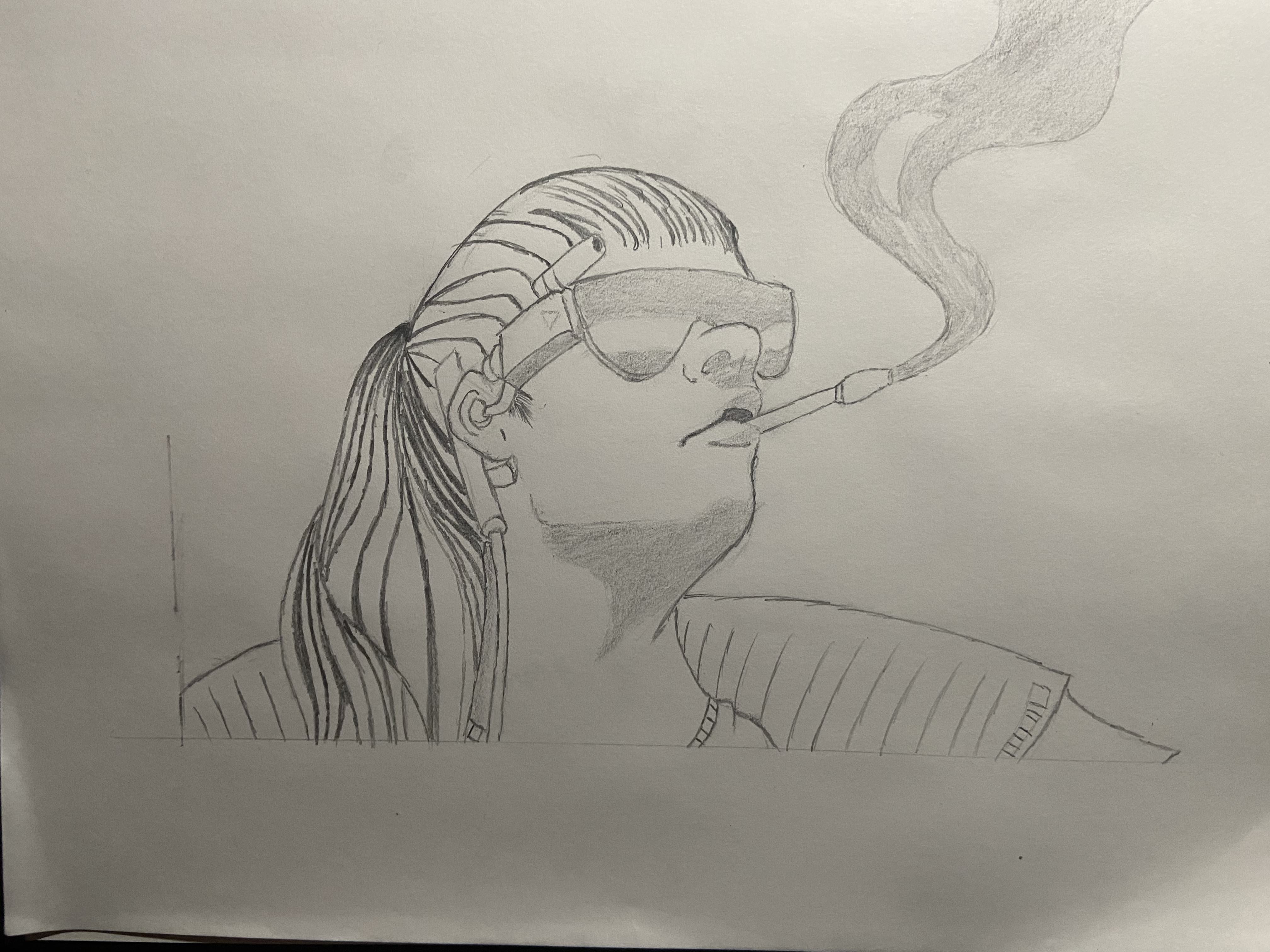 Person with sunglasses and ponytail smoking sketch