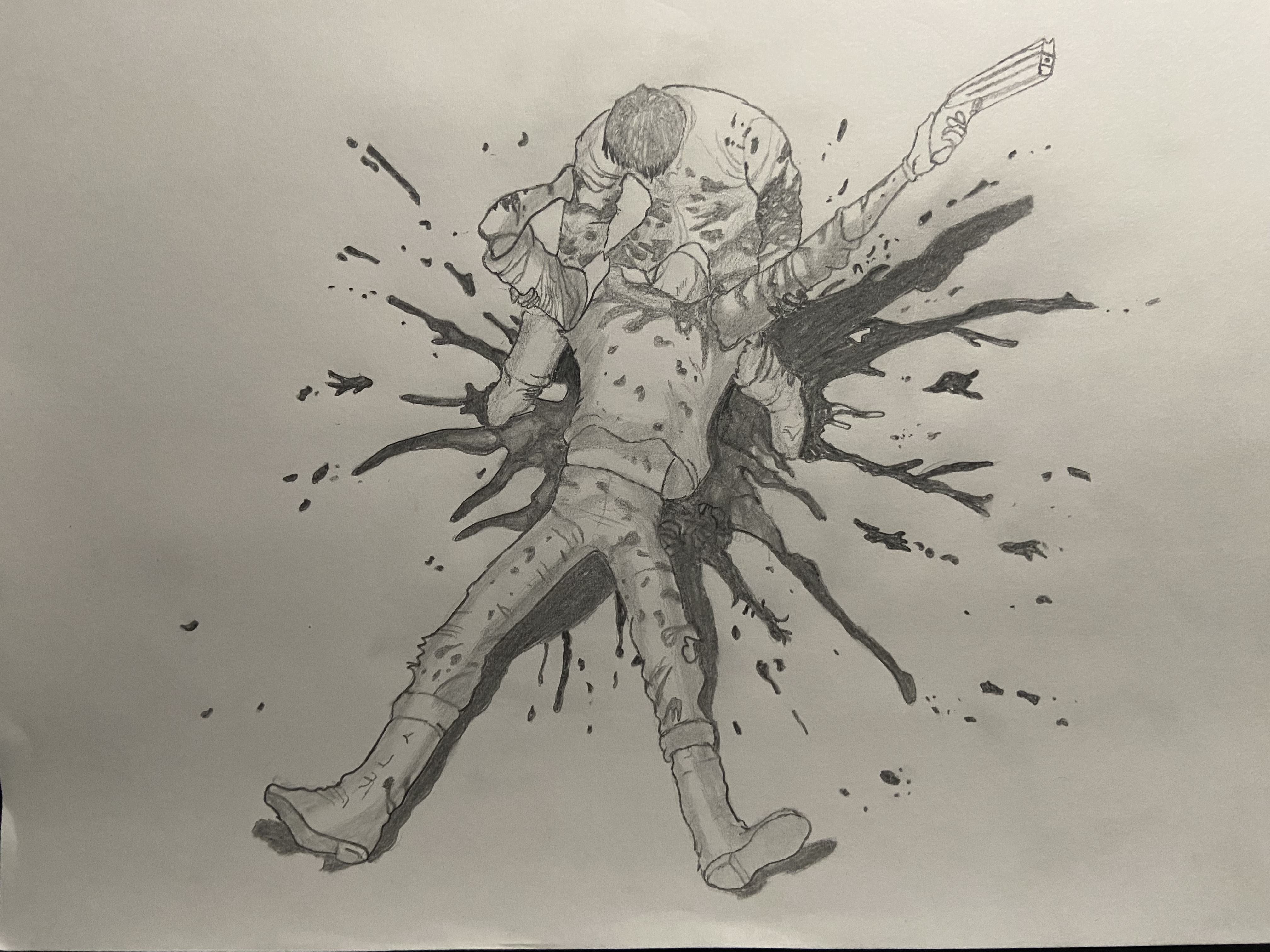 Character with gun and ink splatter effects sketch