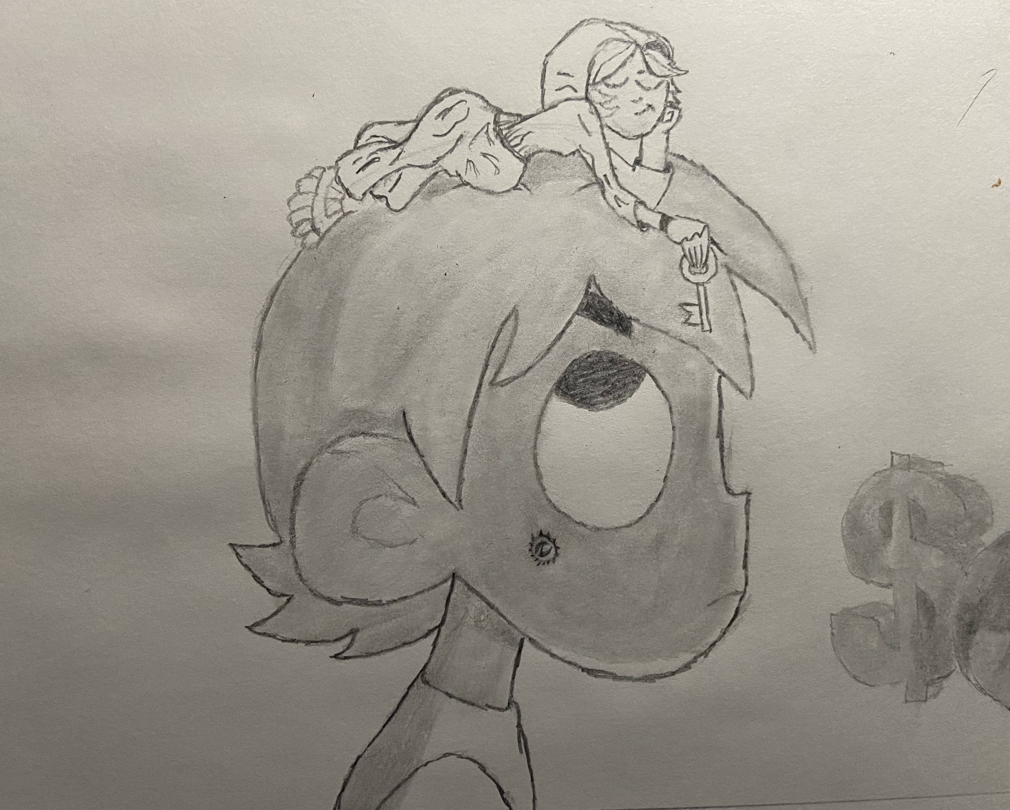 Cartoon character with figure on head